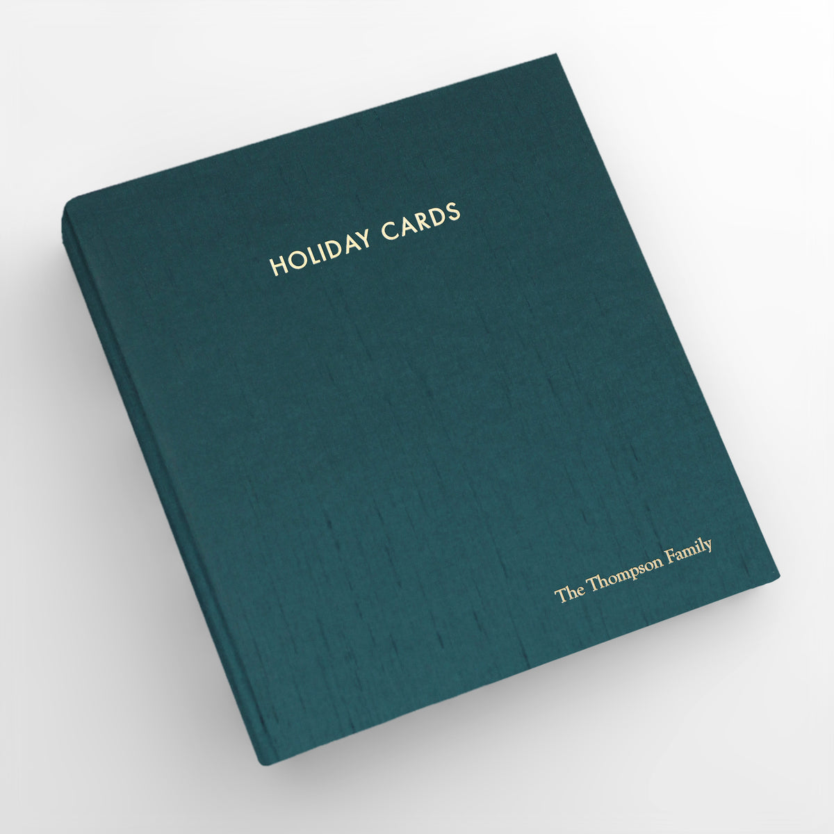 Holiday Card Album | Cover: Teal Blue Silk | Embossed with “Holiday Cards” | Available Personalized