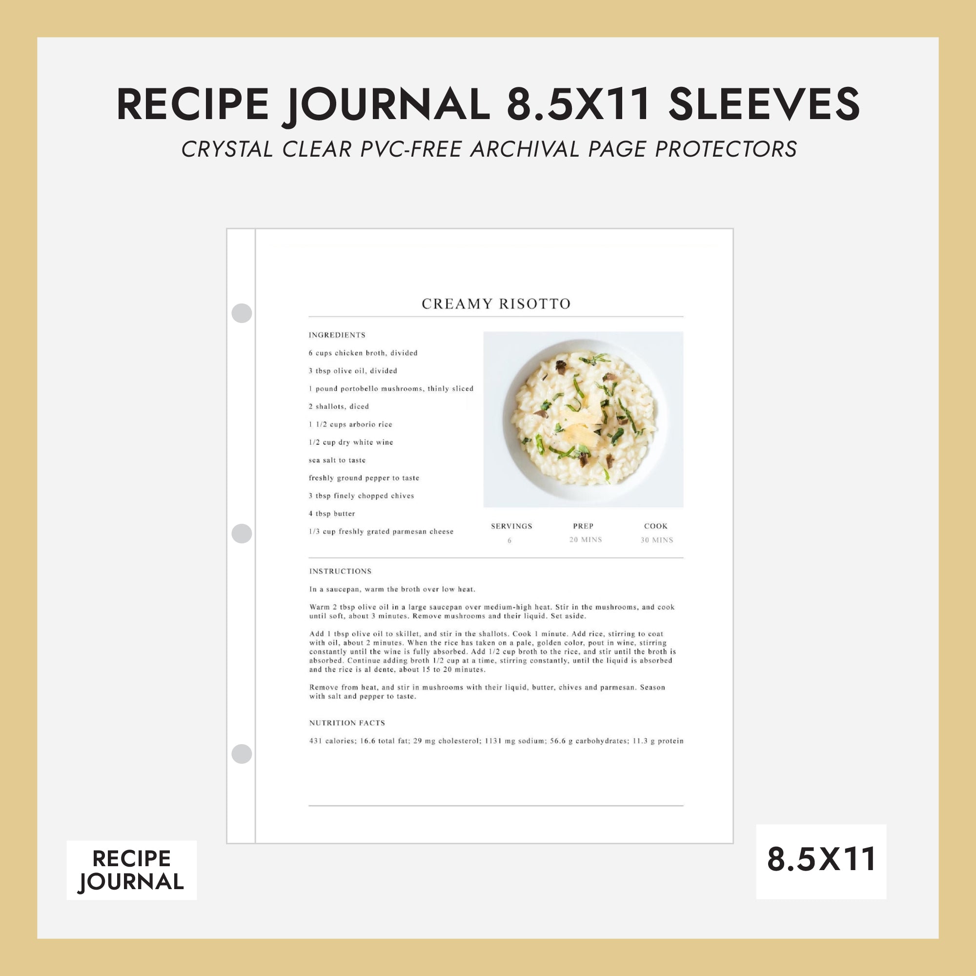 8.5x11 Recipe Journal Sheet Protectors (for 8.5 x 11 Documents