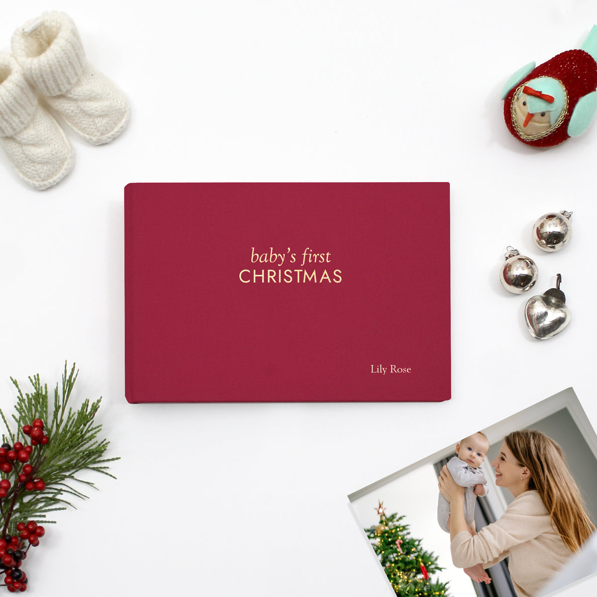 Baby's First Christmas Album | Cranberry Red Cotton Cover | for 4x6 or 5x7 Photos