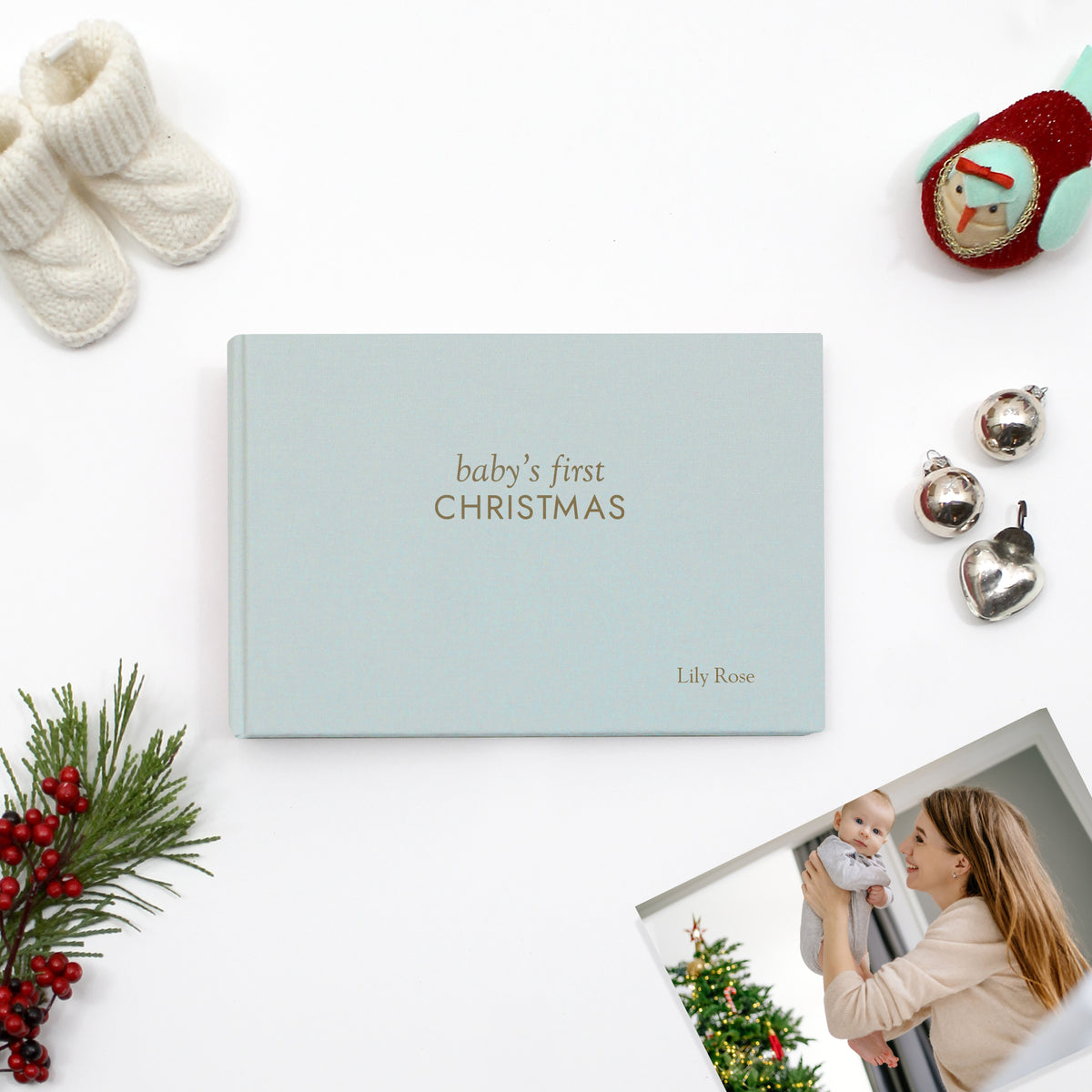 Baby's First Christmas Album | Light Blue Cotton Cover | for 4x6 or 5x7 Photos