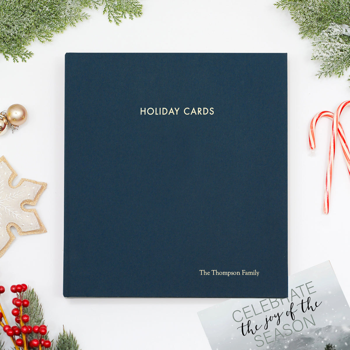 Holiday Card Album | Cover: Navy Blue Cotton | Embossed with “Holiday Cards” | Available Personalized