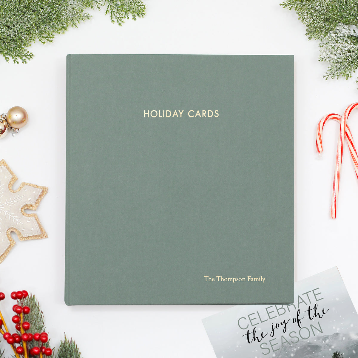 Holiday Card Album | Cover: Jade Green Cotton | Embossed with “Holiday Cards” | Available Personalized