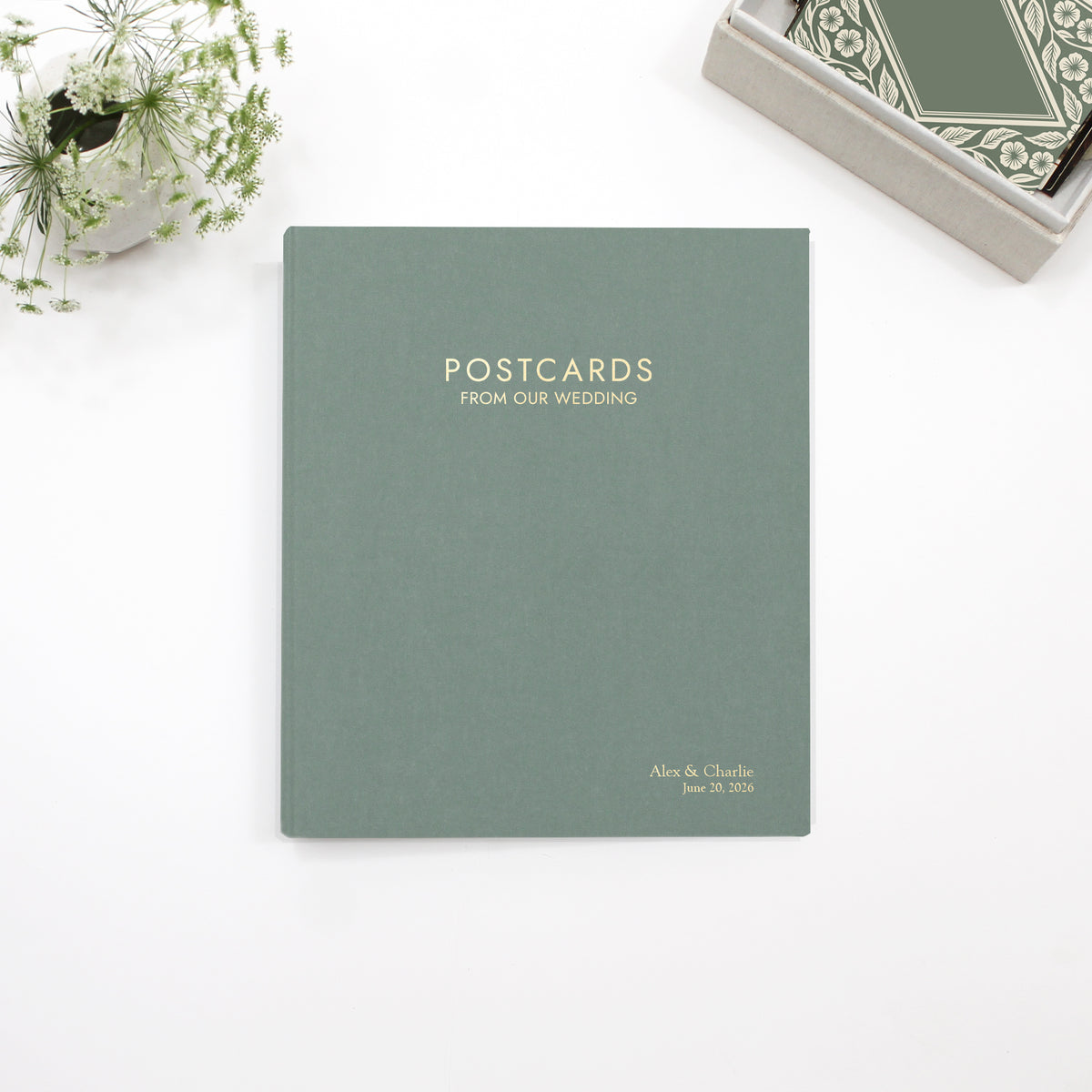 Postcards From Our Wedding Guestbook | Cover: Jade Green Cotton | Available Personalized