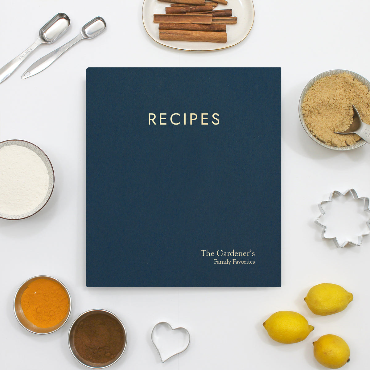 Recipe Journal Embossed with "RECIPES" covered with Navy Blue Cotton
