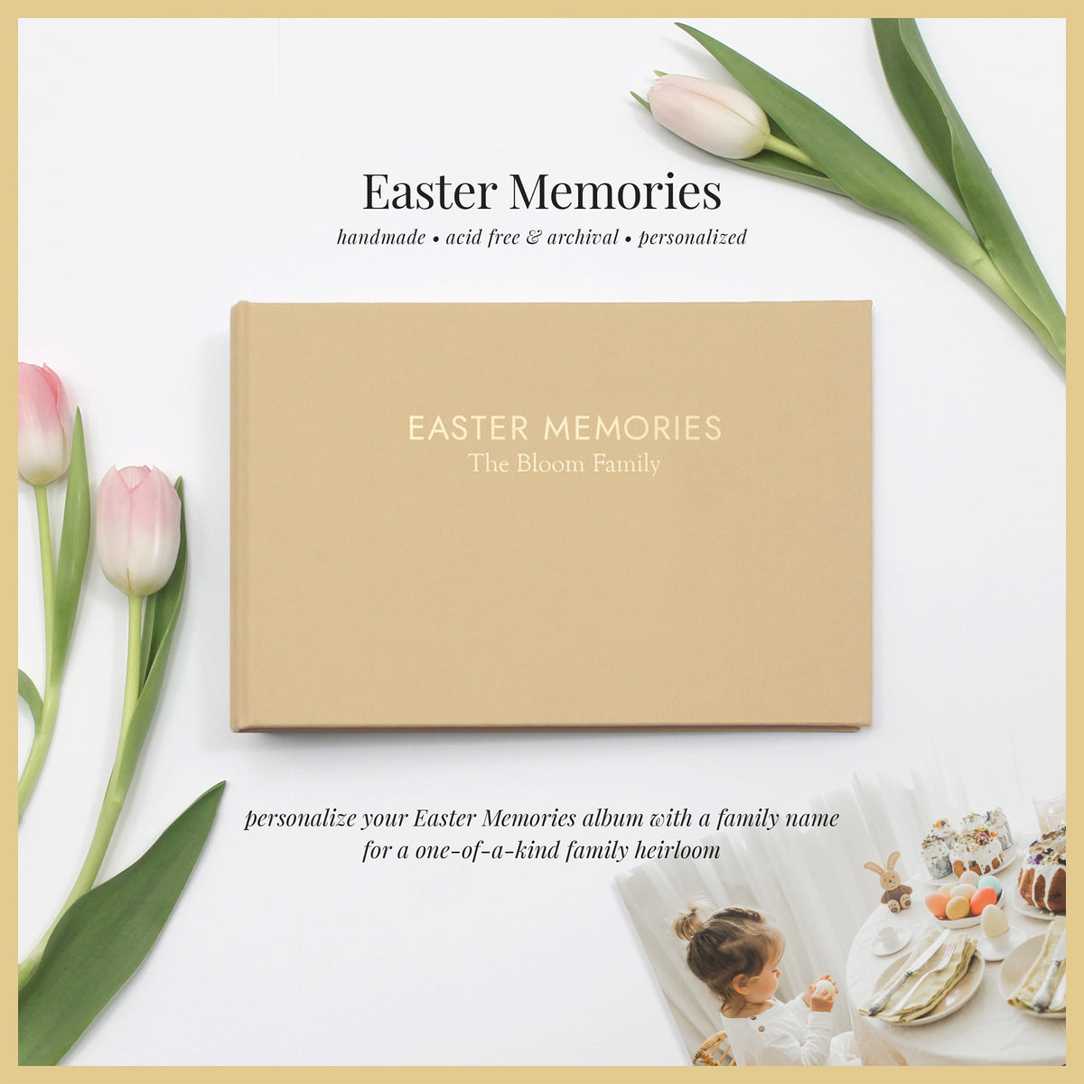 Easter Memories Album | with Buttercup Yellow Cotton Cover | Includes Embossed Family Name