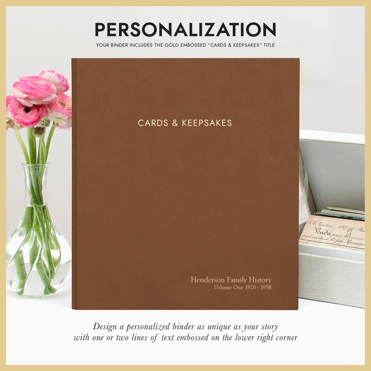 Cards & Keepsakes Binder | Cover: Brown Vegan Leather | Available Personalized