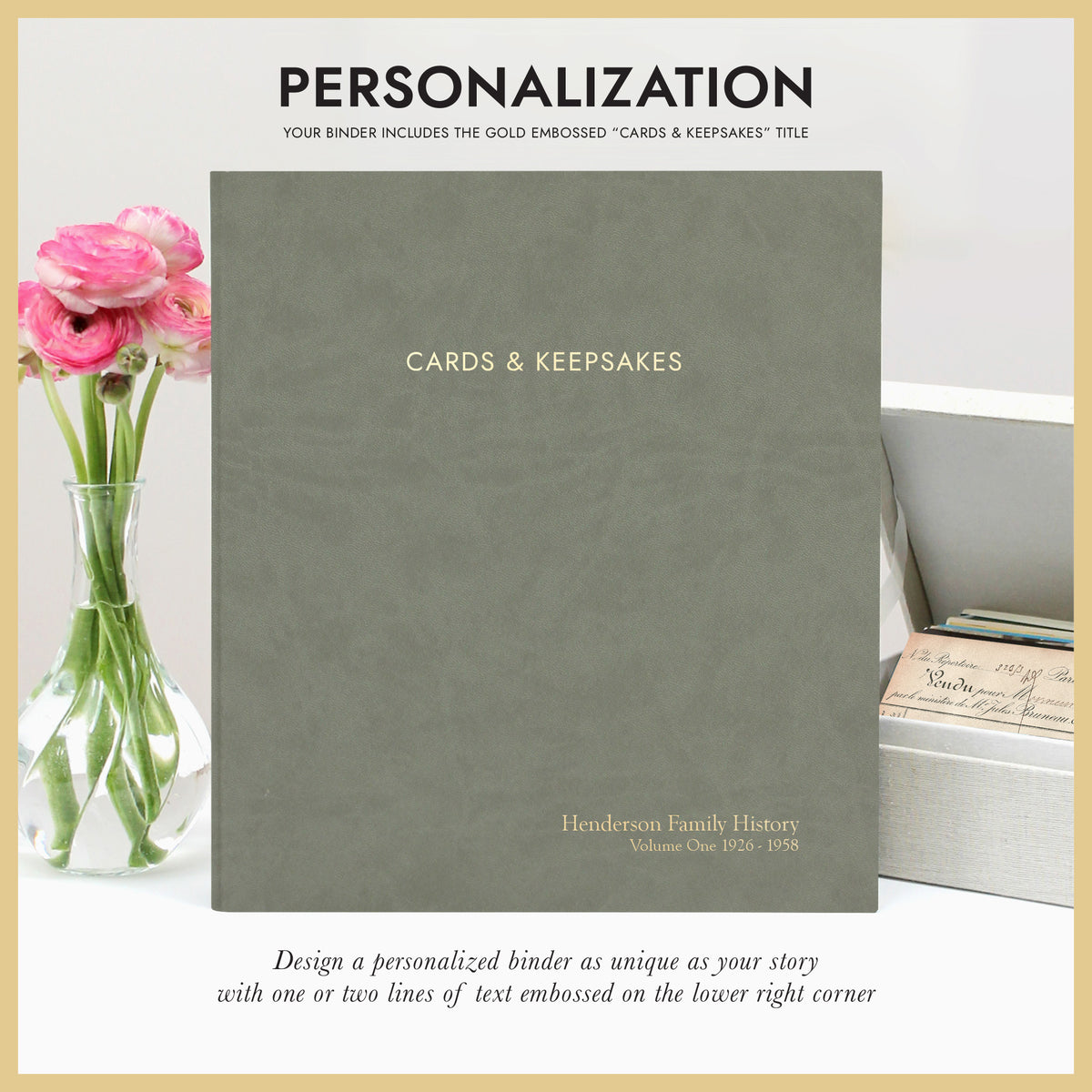 Cards & Keepsakes Binder | Cover: Moss Green Vegan Leather | Available Personalized