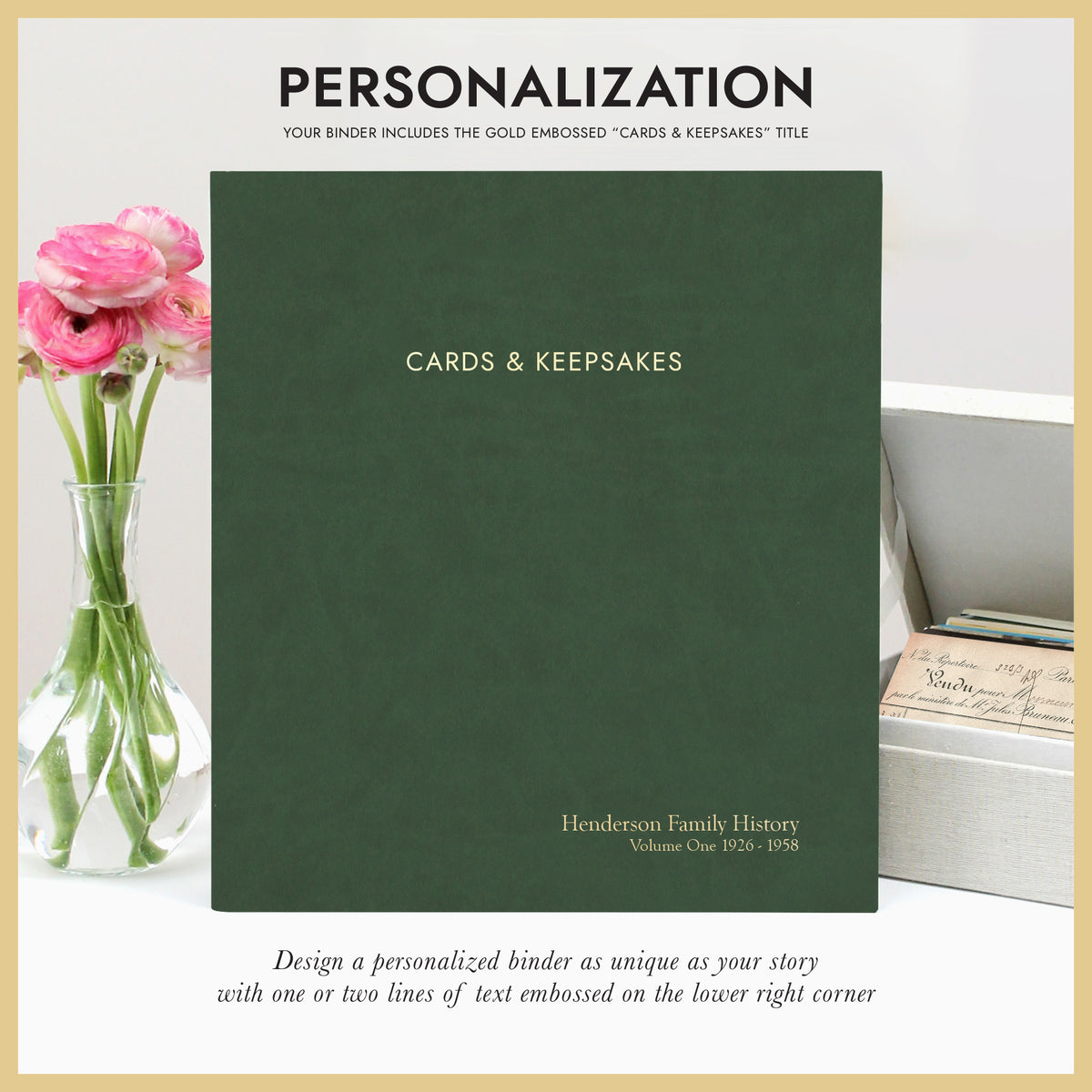 Cards & Keepsakes Binder | Cover: Pine Green Vegan Leather | Available Personalized