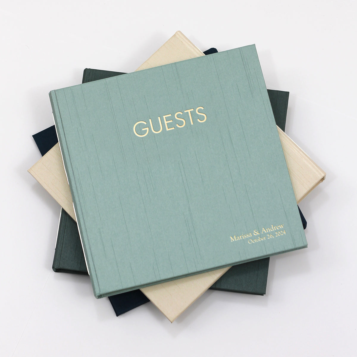 Event Guestbook Embossed with “Guests” | Cover: Misty Blue Silk | Available Personalized