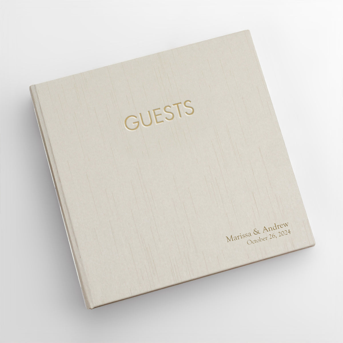 Event Guestbook Embossed with “Guests” with Champagne Silk Cover