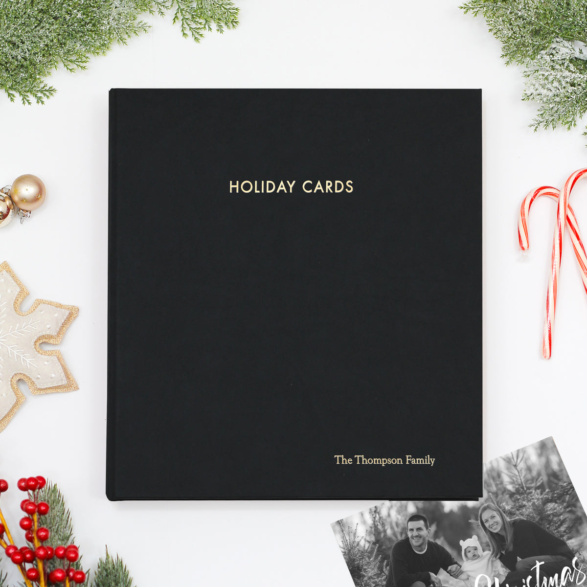 Holiday Card Album | Cover: Black Vegan Leather | Embossed with “Holiday Cards” | Available Personalized