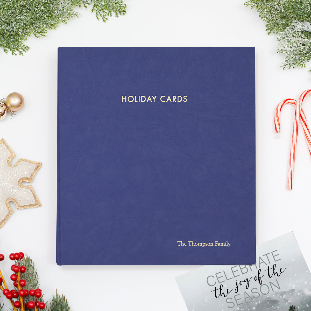 Holiday Card Album | Cover: Indigo Vegan Leather | Embossed with “Holiday Cards” | Available Personalized