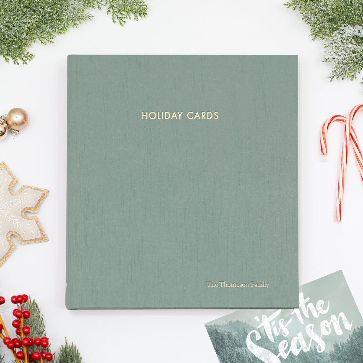 Holiday Card Album | Cover: Misty Blue Silk | Embossed with “Holiday Cards” | Available Personalized