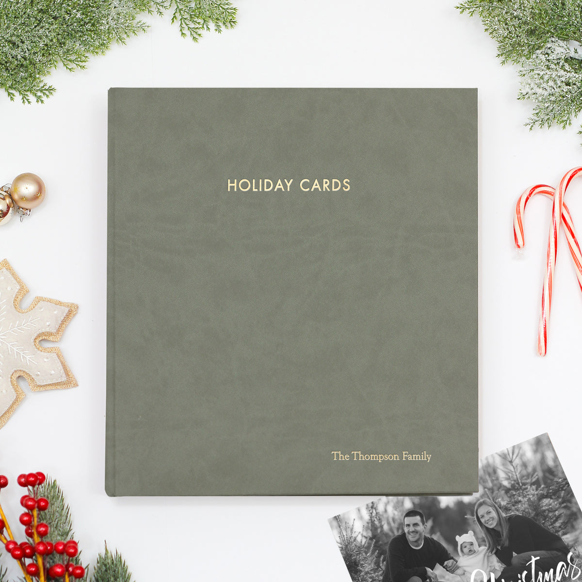 Holiday Card Album | Cover: Moss Vegan Leather | Embossed with “Holiday Cards” | Available Personalized