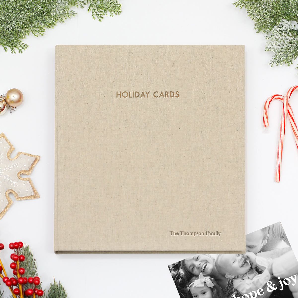 Holiday Card Album | Cover: Natural Linen | Embossed with “Holiday Cards” | Available Personalized