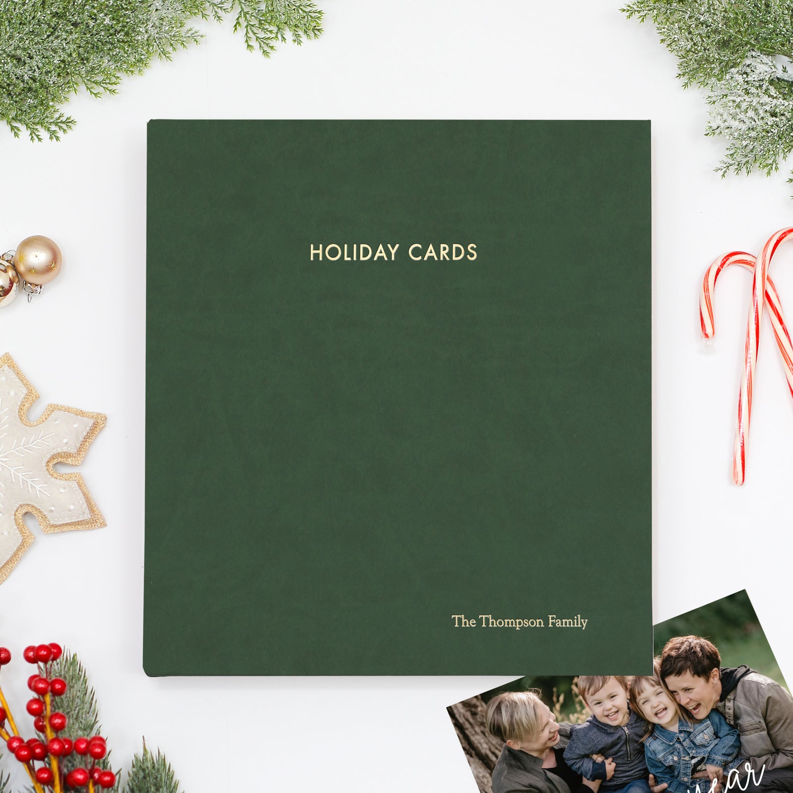 holiday card binder Christmas Album | Card Keepsake stamped cover reads OUR FAMILY HOLIDAY CARDS and other treasured paper Cover is not personalized or available for personalization 1 personalized bookplate MANWU Christmas cards organizer binder