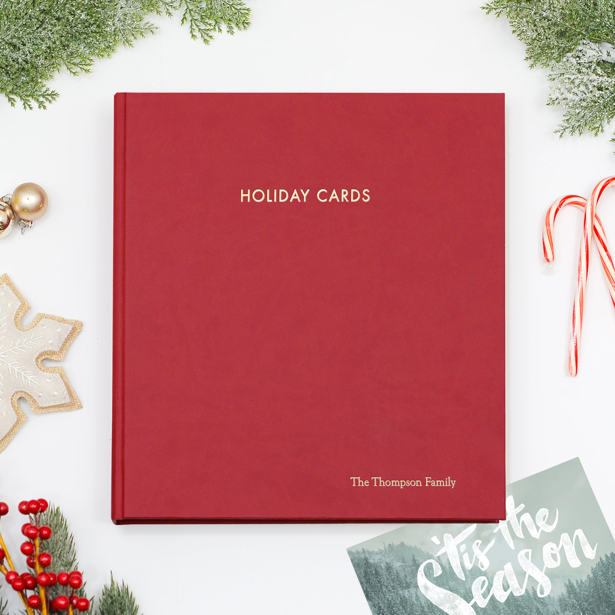 Holiday Card Album | Cover: Red Vegan Leather | Embossed with “Holiday Cards” | Available Personalized