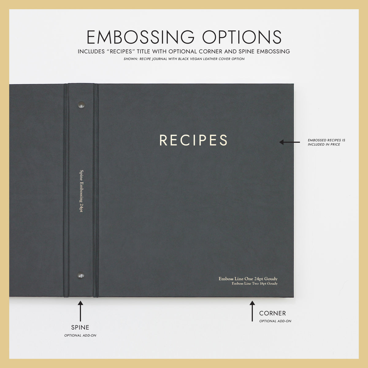 Recipe Journal Embossed with &quot;RECIPES&quot; covered with Vegan Black Leather