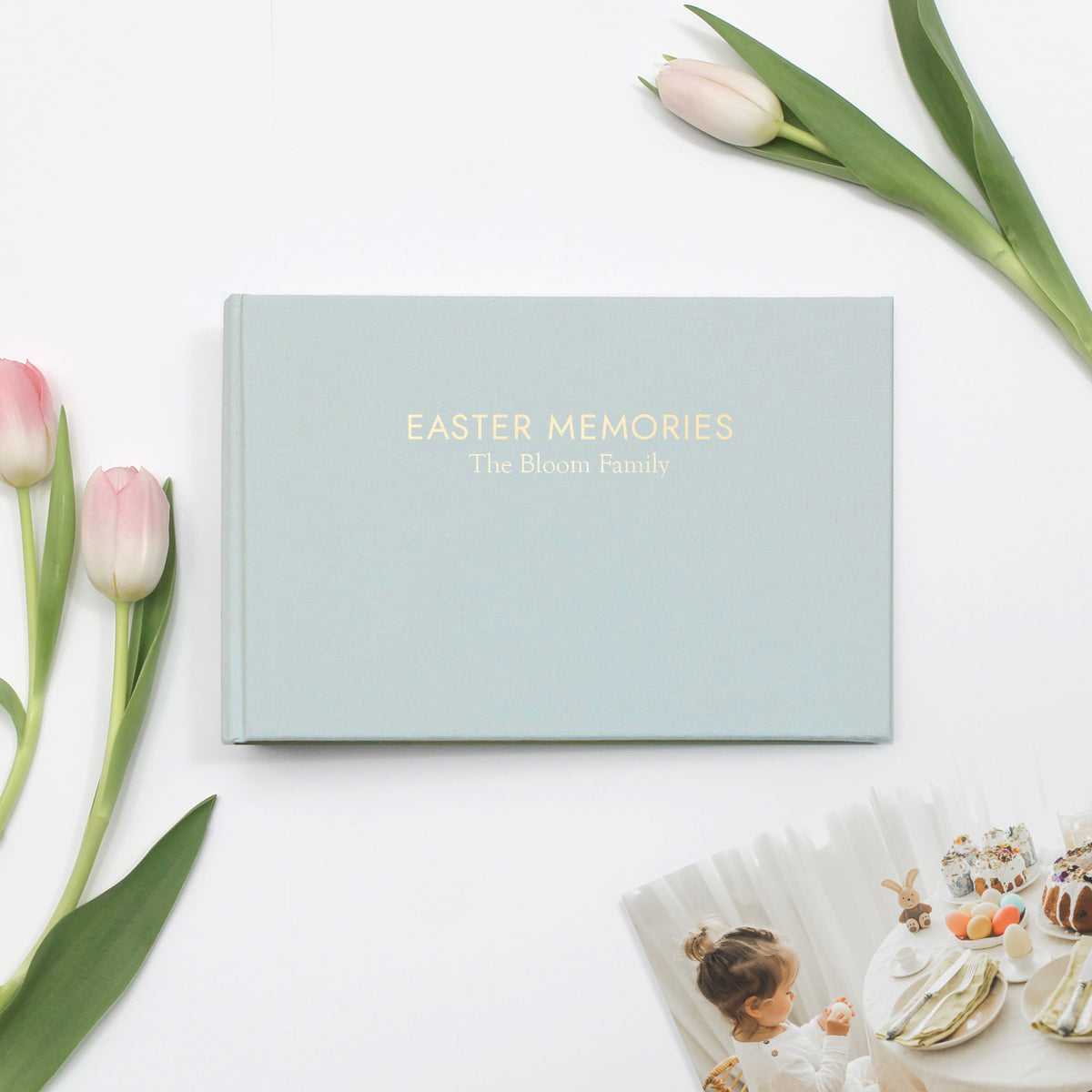 Easter Memories Album | with Light Blue Cotton Cover | Includes Embossed Family Name