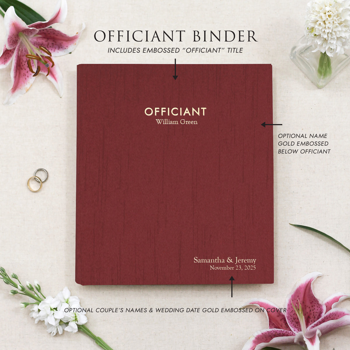 Officiant Binder | Cover: Garnet Silk | Available Personalized