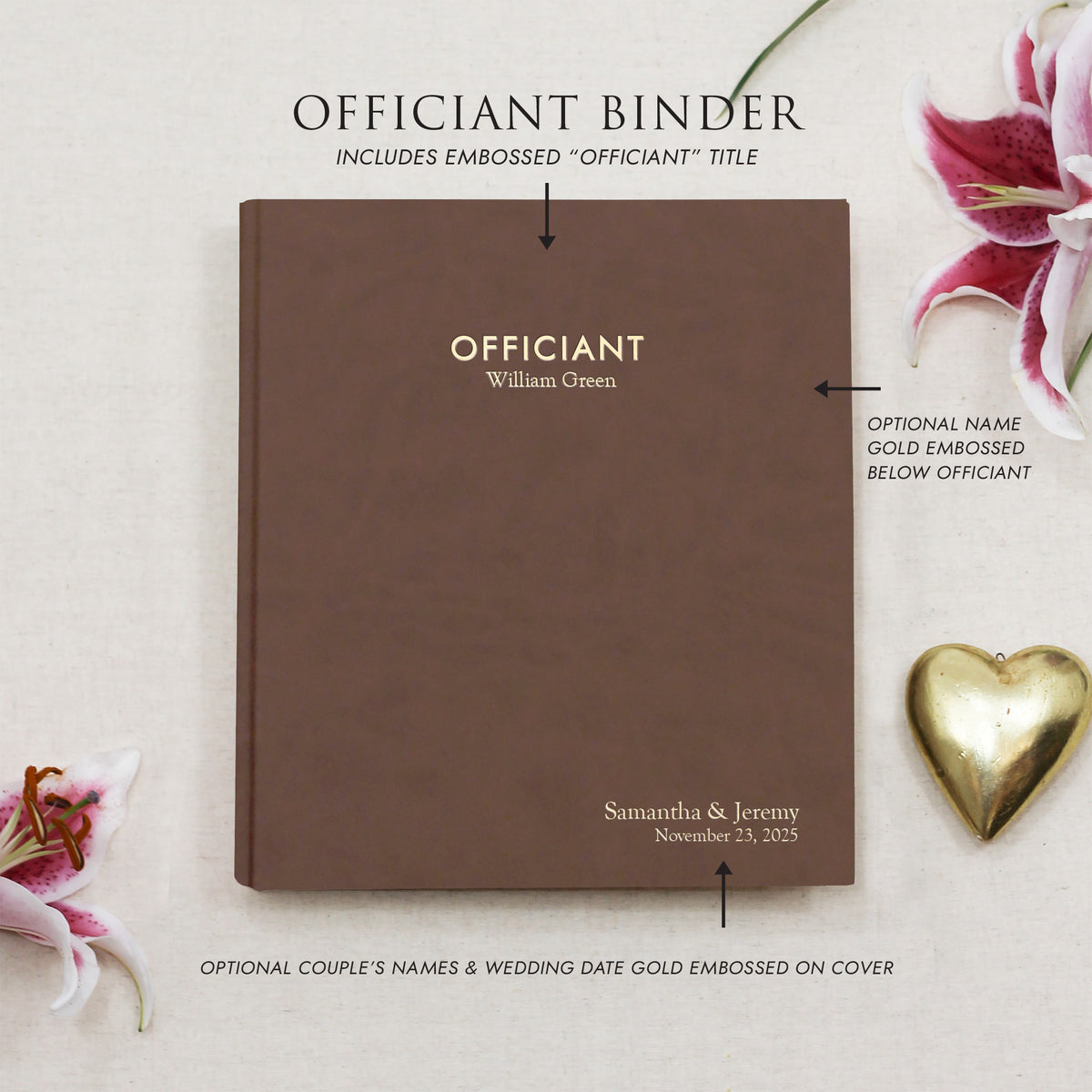 Officiant Binder | Cover: Mocha Vegan Leather | Available Personalized