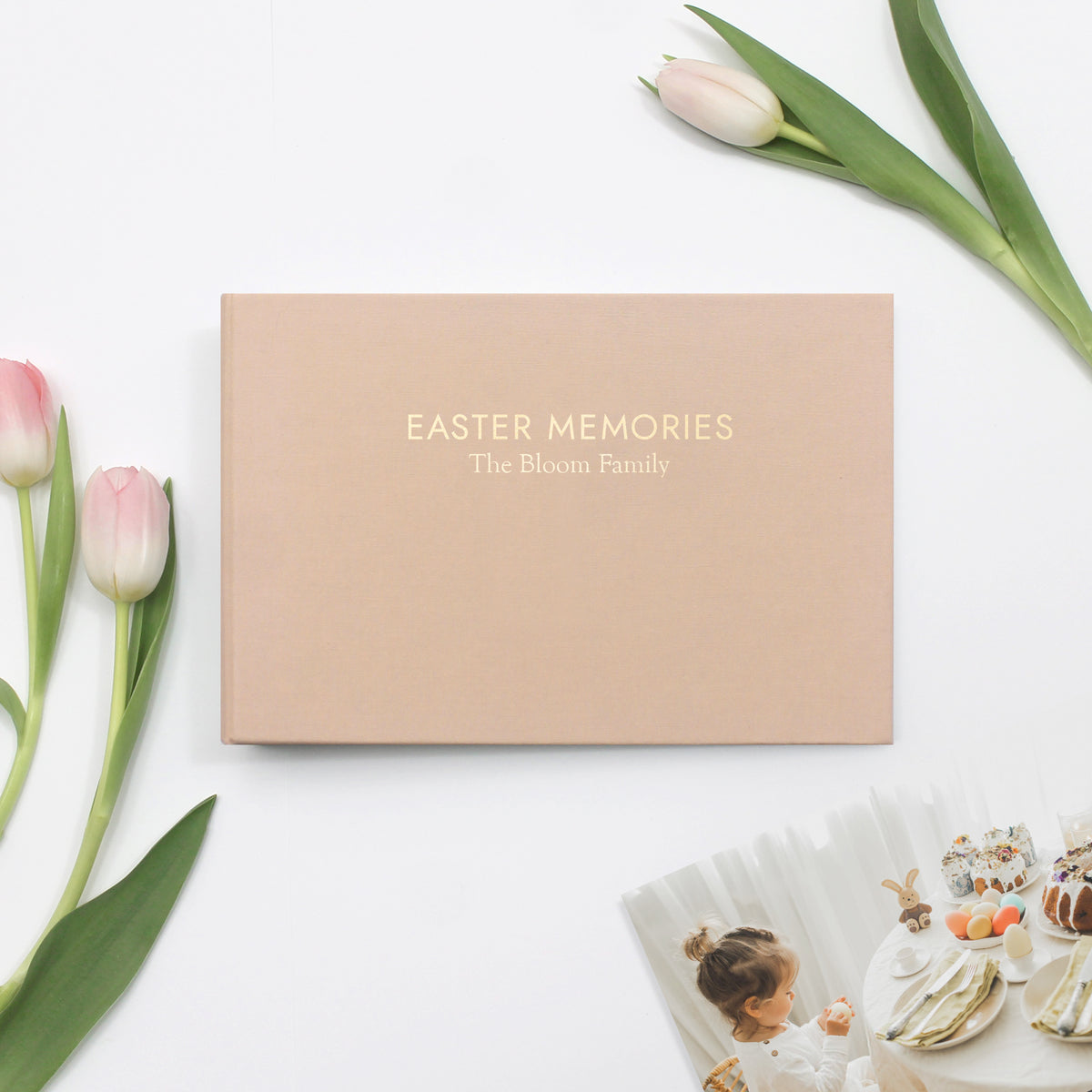 Easter Memories Album | with Peachy Pink Cotton Cover | Includes Embossed Family Name