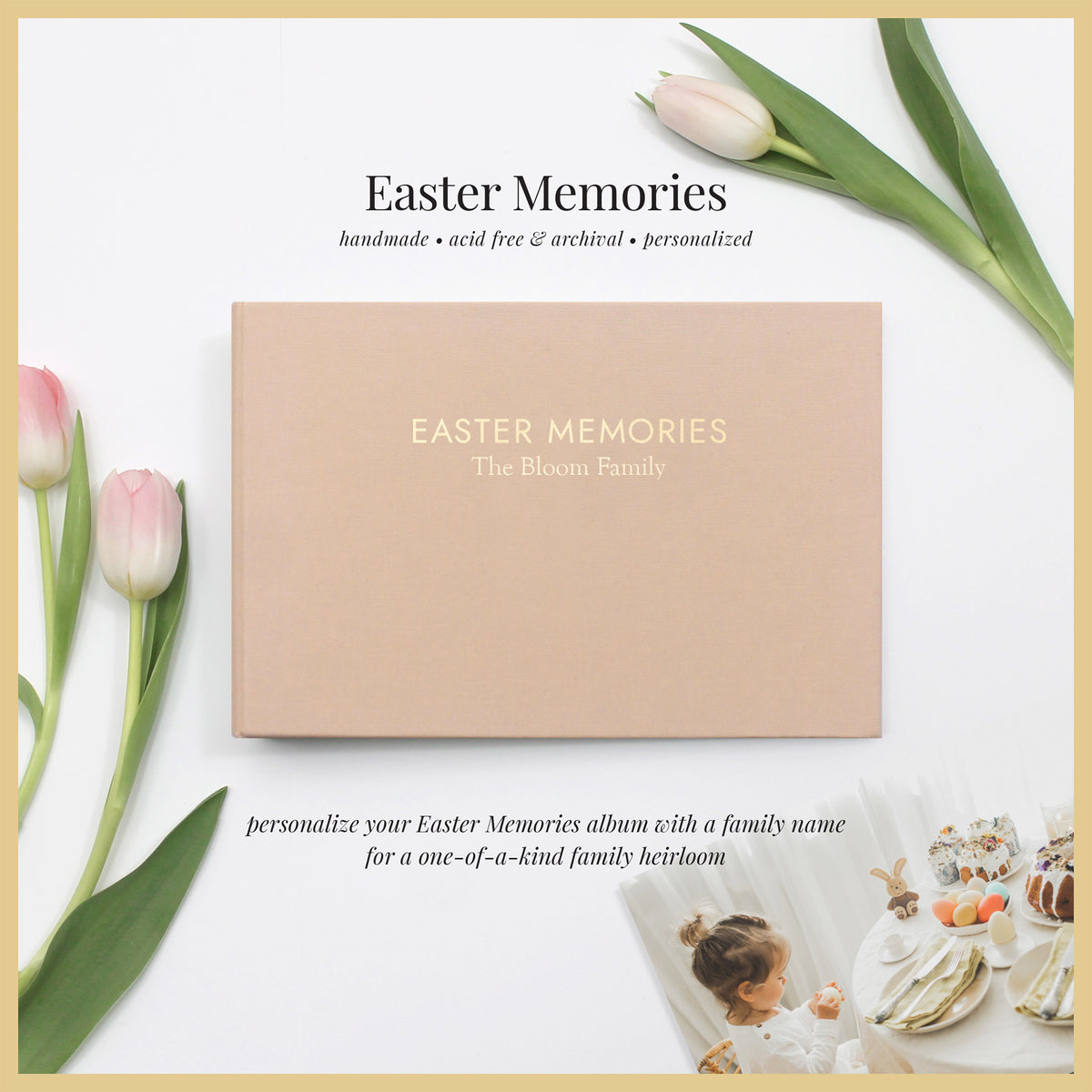 Easter Memories Album | with Peachy Pink Cotton Cover | Includes Embossed Family Name