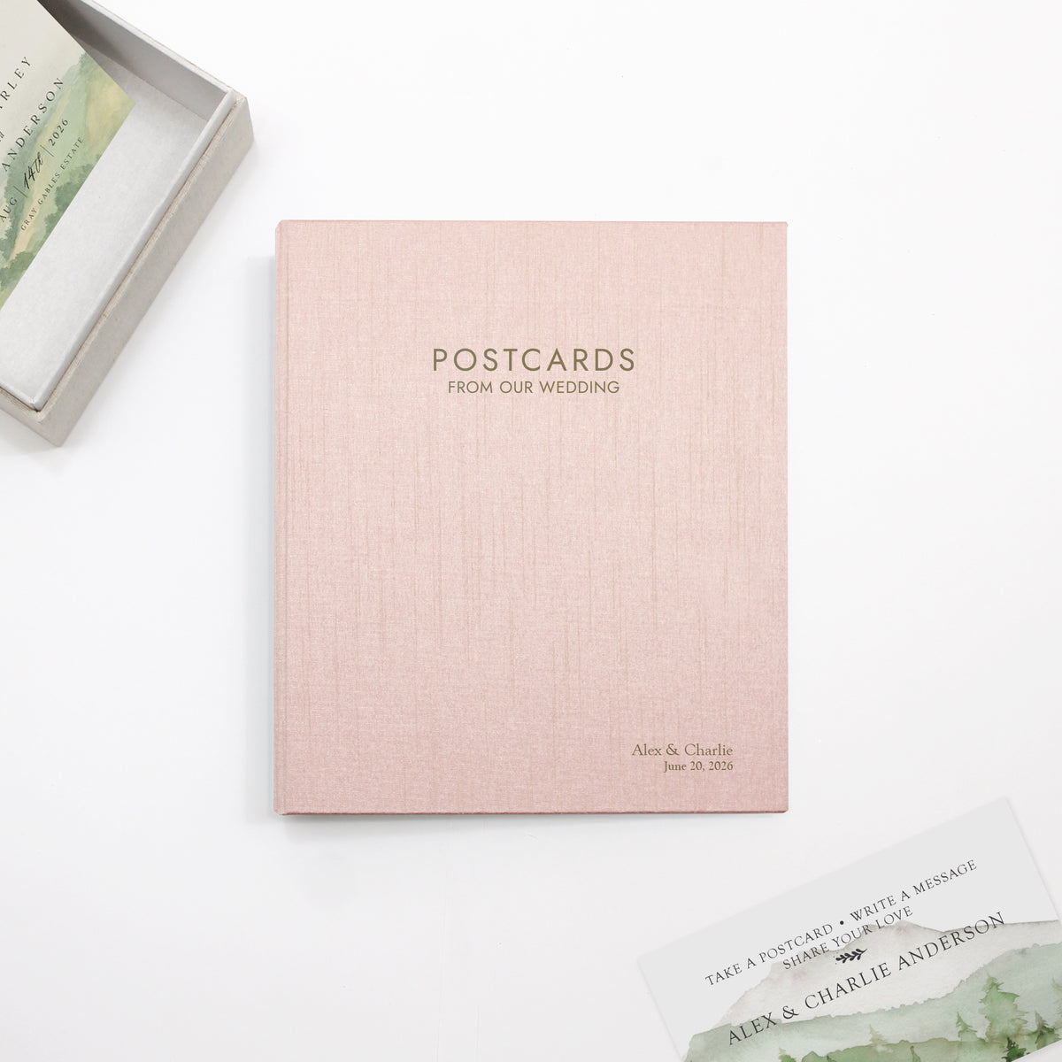 Postcards From Our Wedding Guestbook | Cover: Pink Silk | Available Personalized