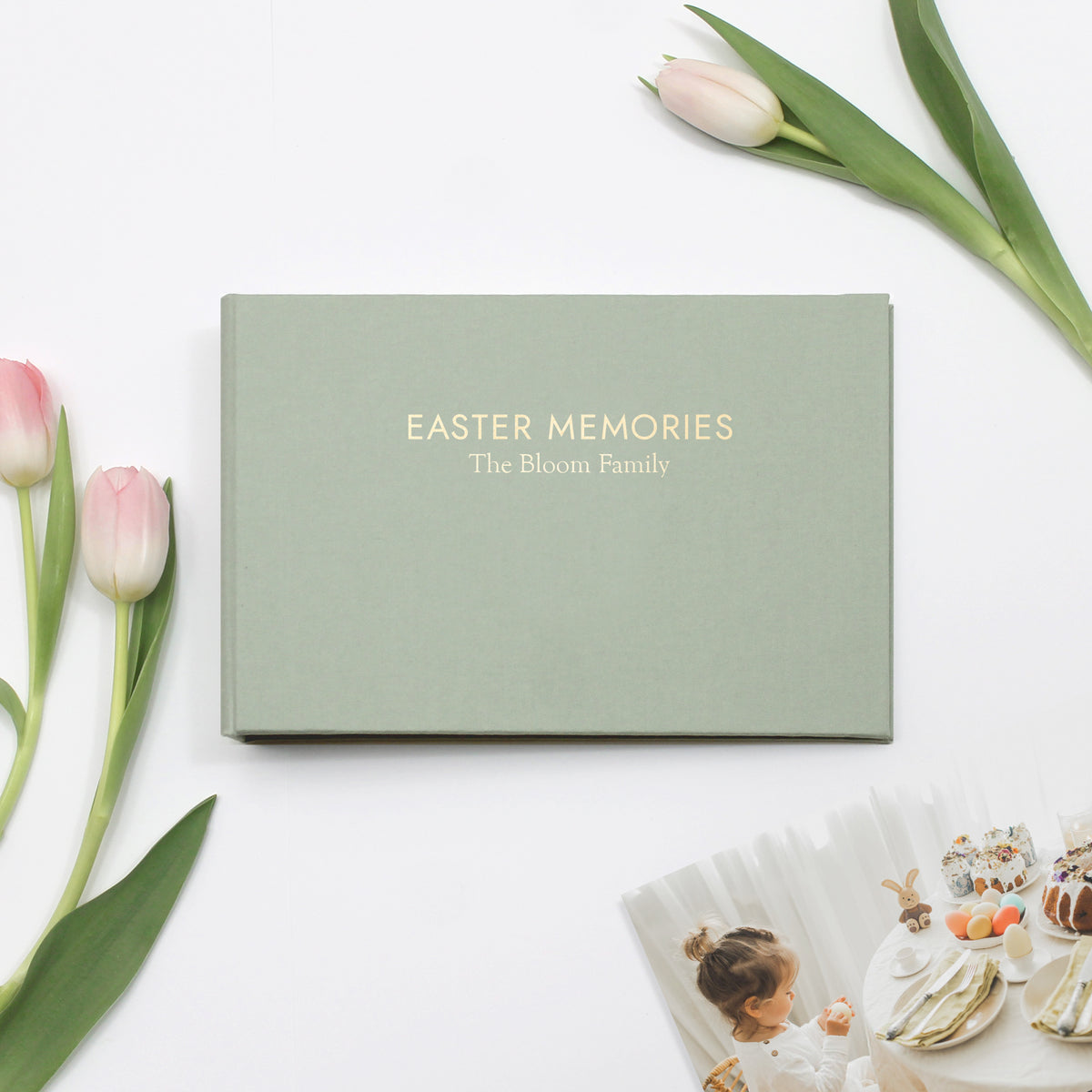 Easter Memories Album | with Sage Green Cotton Cover | Includes Embossed Family Name