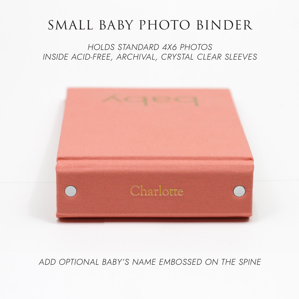 Small Baby Photo Binder | for 4x6 Photos | with Coral Cotton Cover | Includes BABY Title On Cover