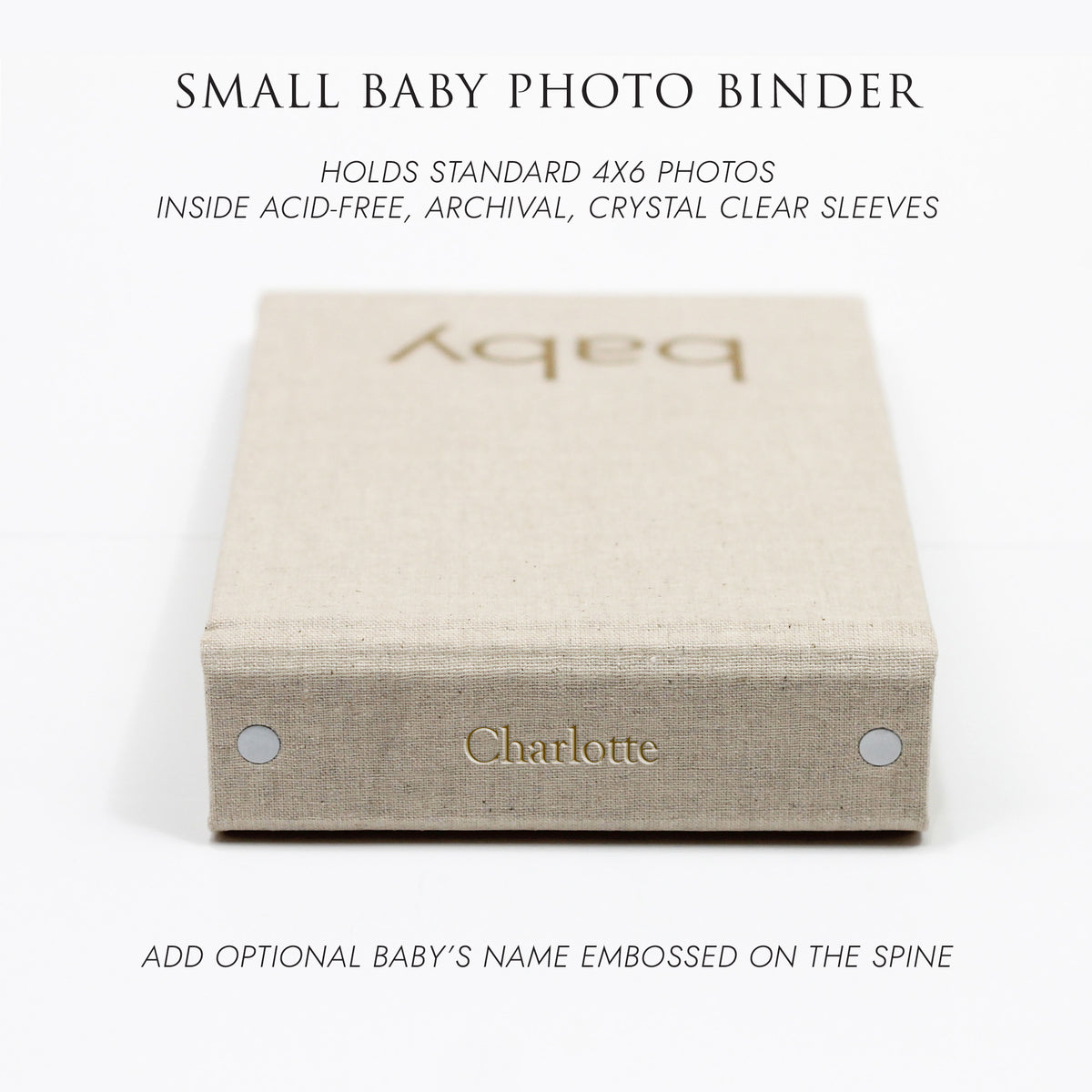 Small Baby Photo Binder | for 4x6 Photos | with Natural Linen Cover | Includes BABY Title On Cover