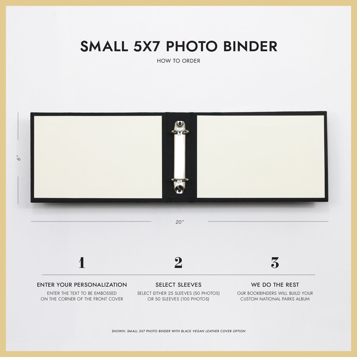 Small Photo Binder | for 5x7 Photos | with Black Vegan Leather Cover