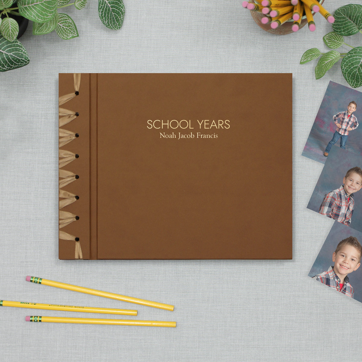 School Years Memory Album with Light Brown Vegan Leather Cover