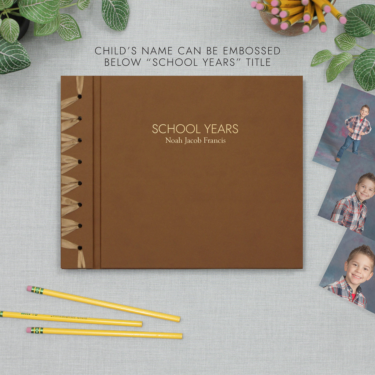 School Years Memory Album with Light Brown Vegan Leather Cover