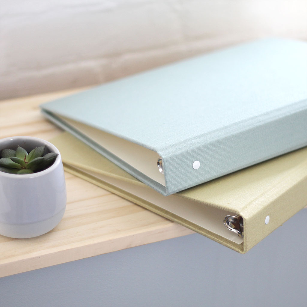 Storage Binder for Photos or Documents with Pastel Blue Cotton Cover