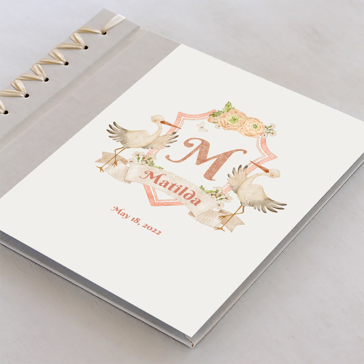 Personalized Baby&#39;s First Book Stork Monogram Baby Pink