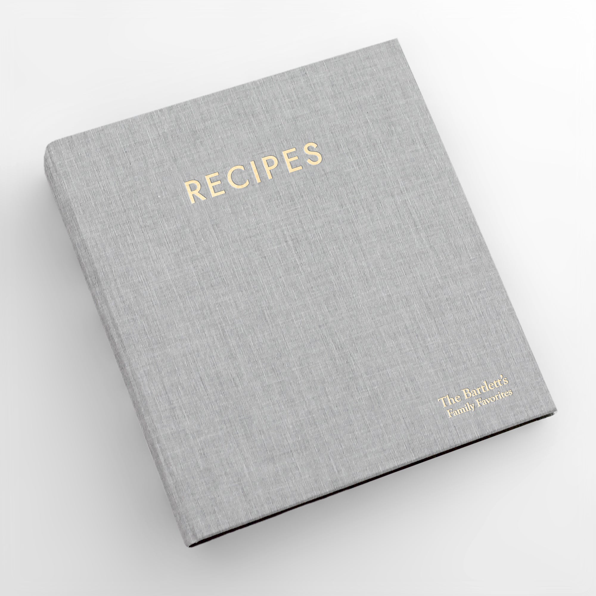 Recipe Journal Embossed with RECIPES covered with Dove Gray Cotton