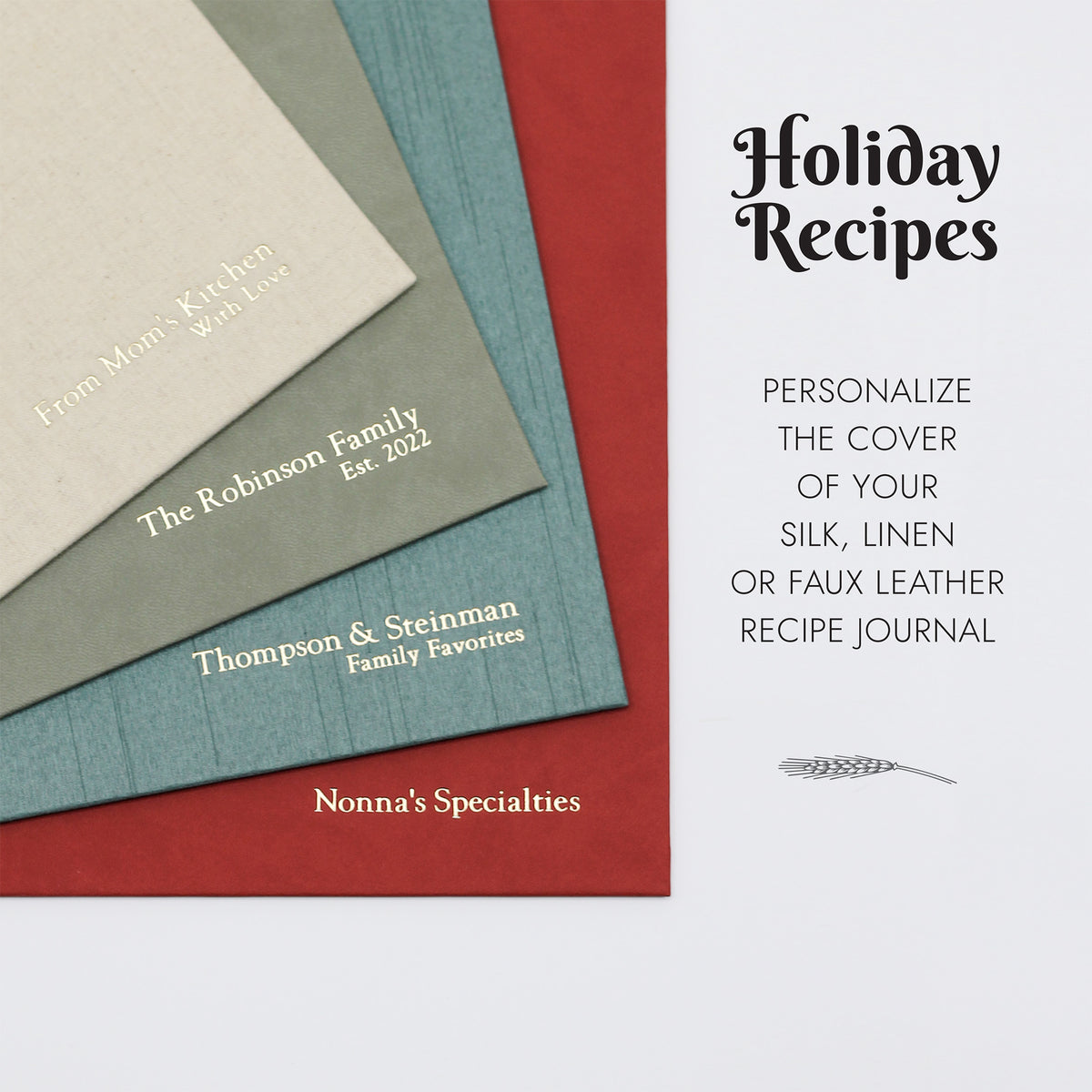 Holiday Recipe Journal Embossed with &quot;HOLIDAY RECIPES&quot; with Moss Vegan Leather Cover